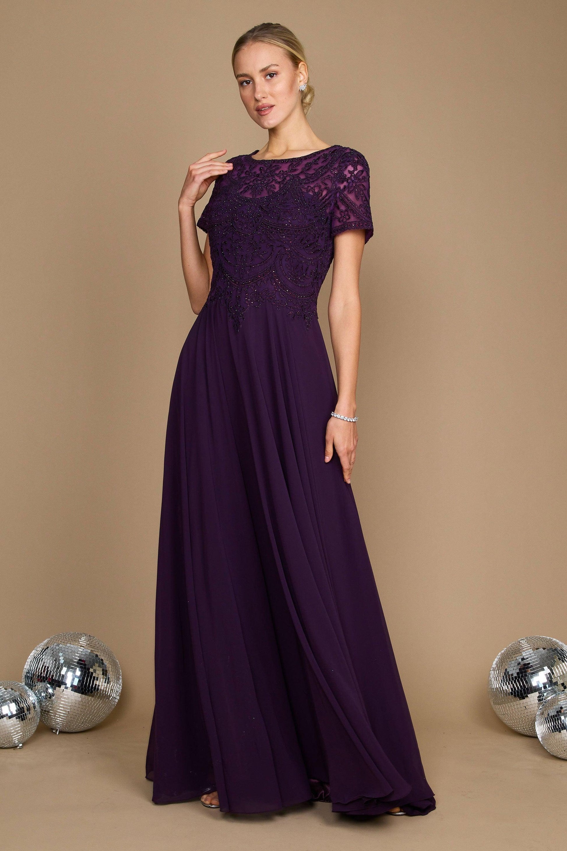 Elegant short sleeve chiffon mother of the bride dress in formal style with embellished diamond bodice