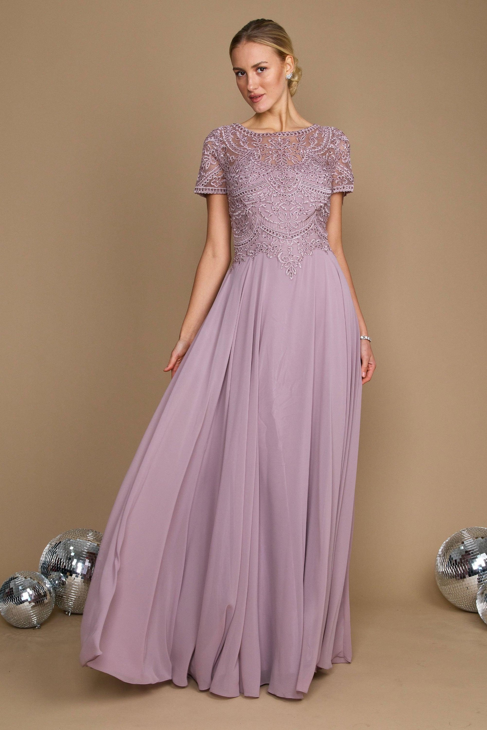 Elegant short sleeve chiffon mother of the bride dress in champagne with diamond-embellished scoop neckline bodice