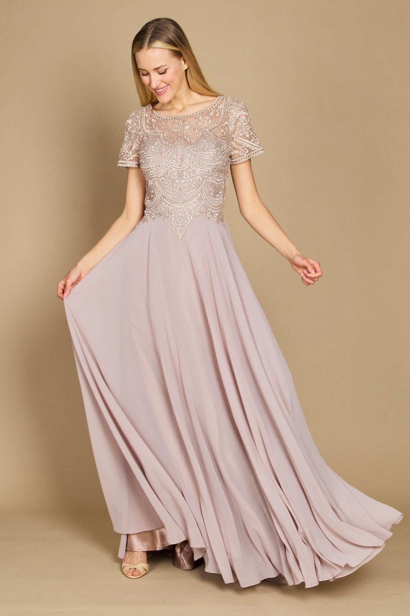 Elegant short sleeve chiffon mother of bride dress in formal style with embellished diamond bodice