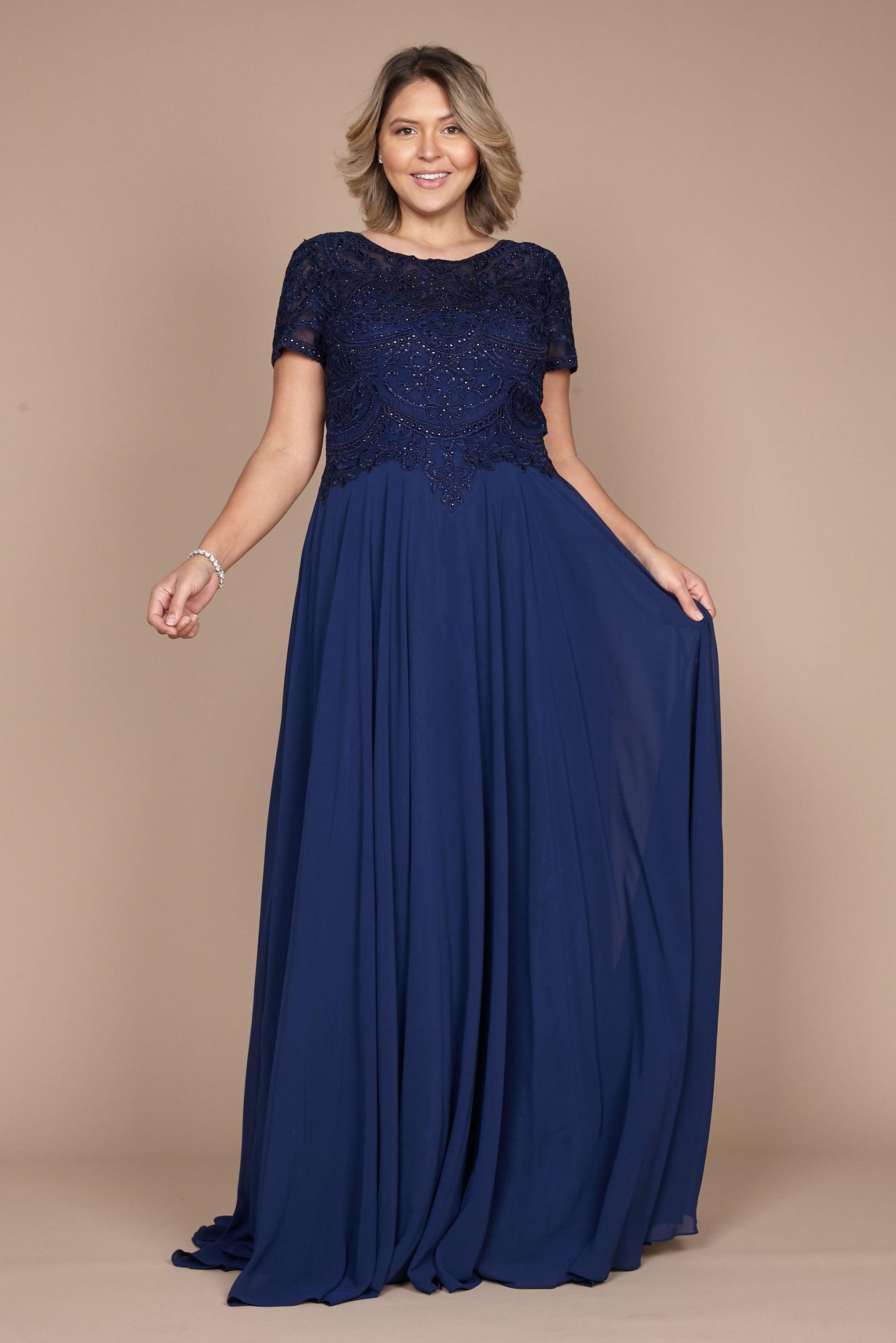 Elegant short sleeve chiffon mother of the bride dress in formal cut with diamond embellished bodice