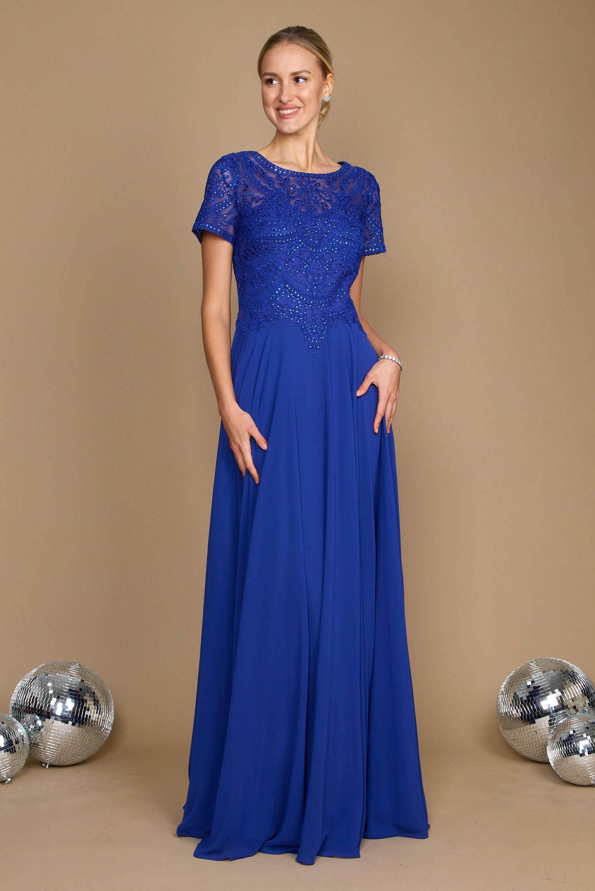 Elegant short sleeve chiffon mother of the bride dress in formal style with glittering embellished diamond bodice