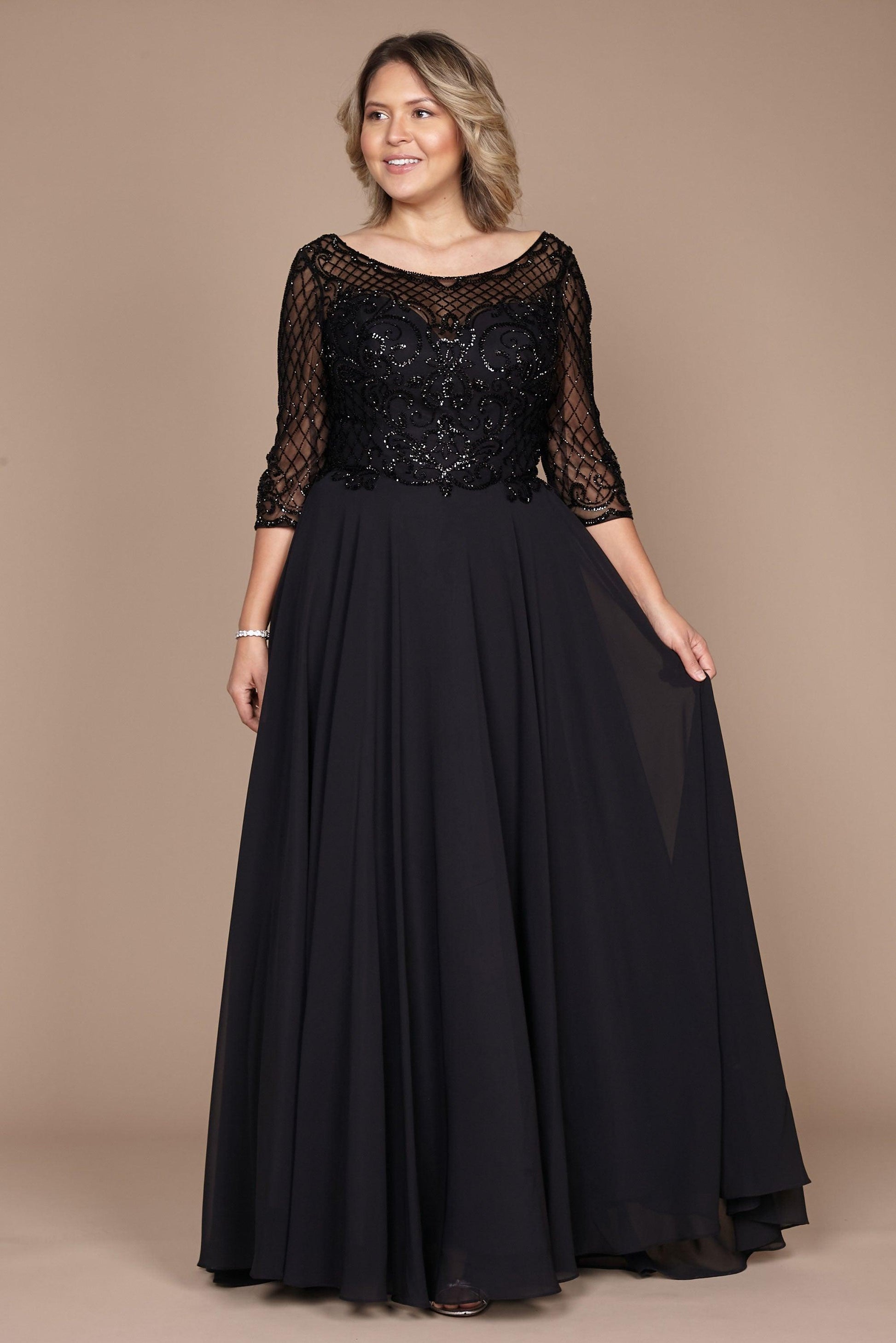 Hand beaded mother of bride long sleeve chiffon skirt dress with sparkling beaded bodice formal gown
