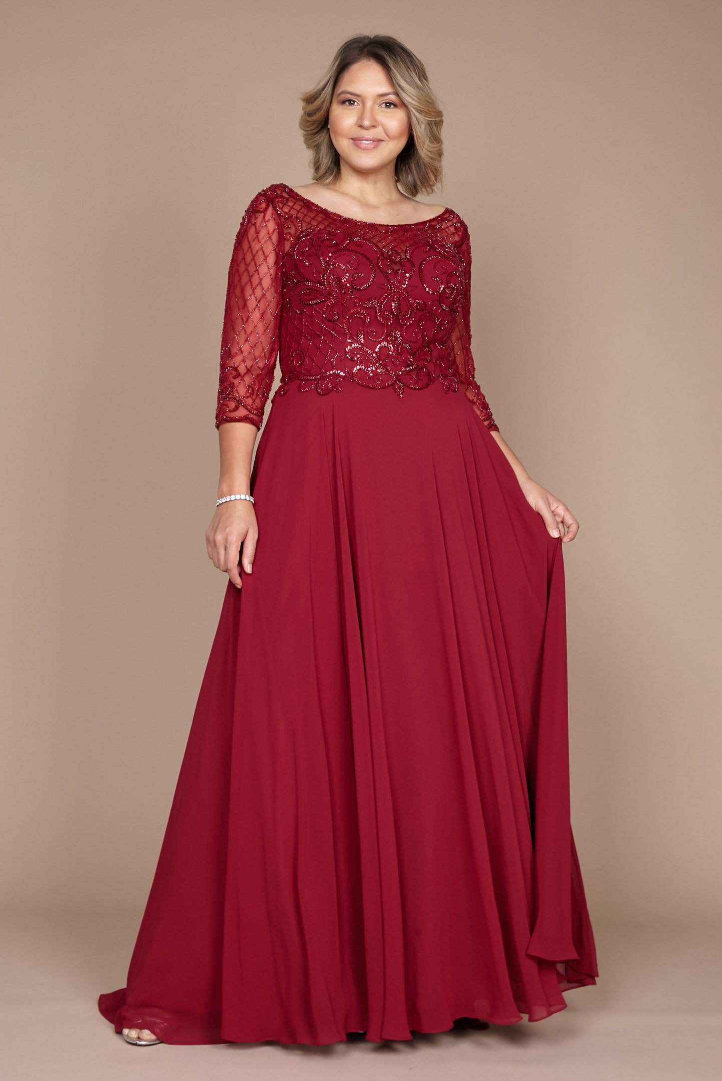 Hand beaded mother of bride long sleeve chiffon skirt formal dress with sparkling beaded bodice