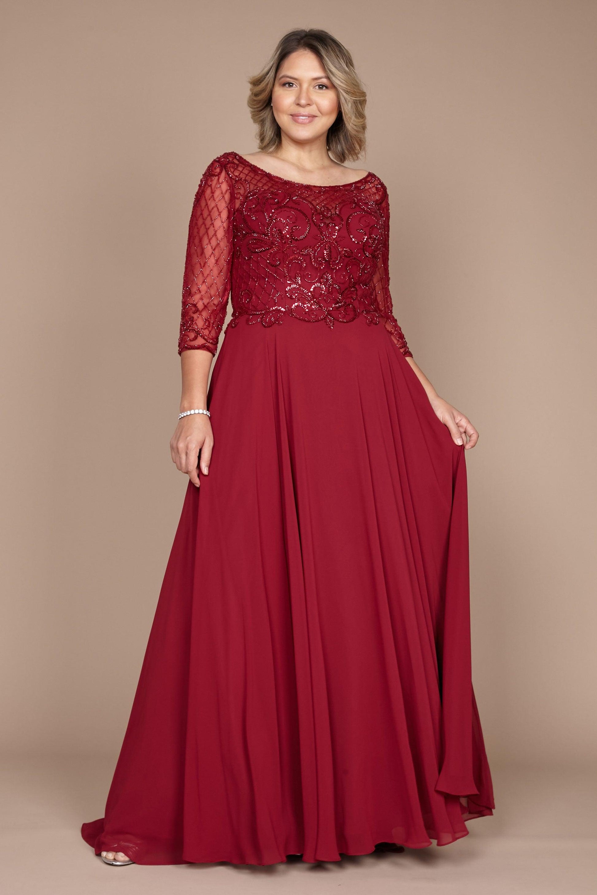 Hand beaded mother of bride long sleeve chiffon skirt formal dress with sparkling beaded bodice