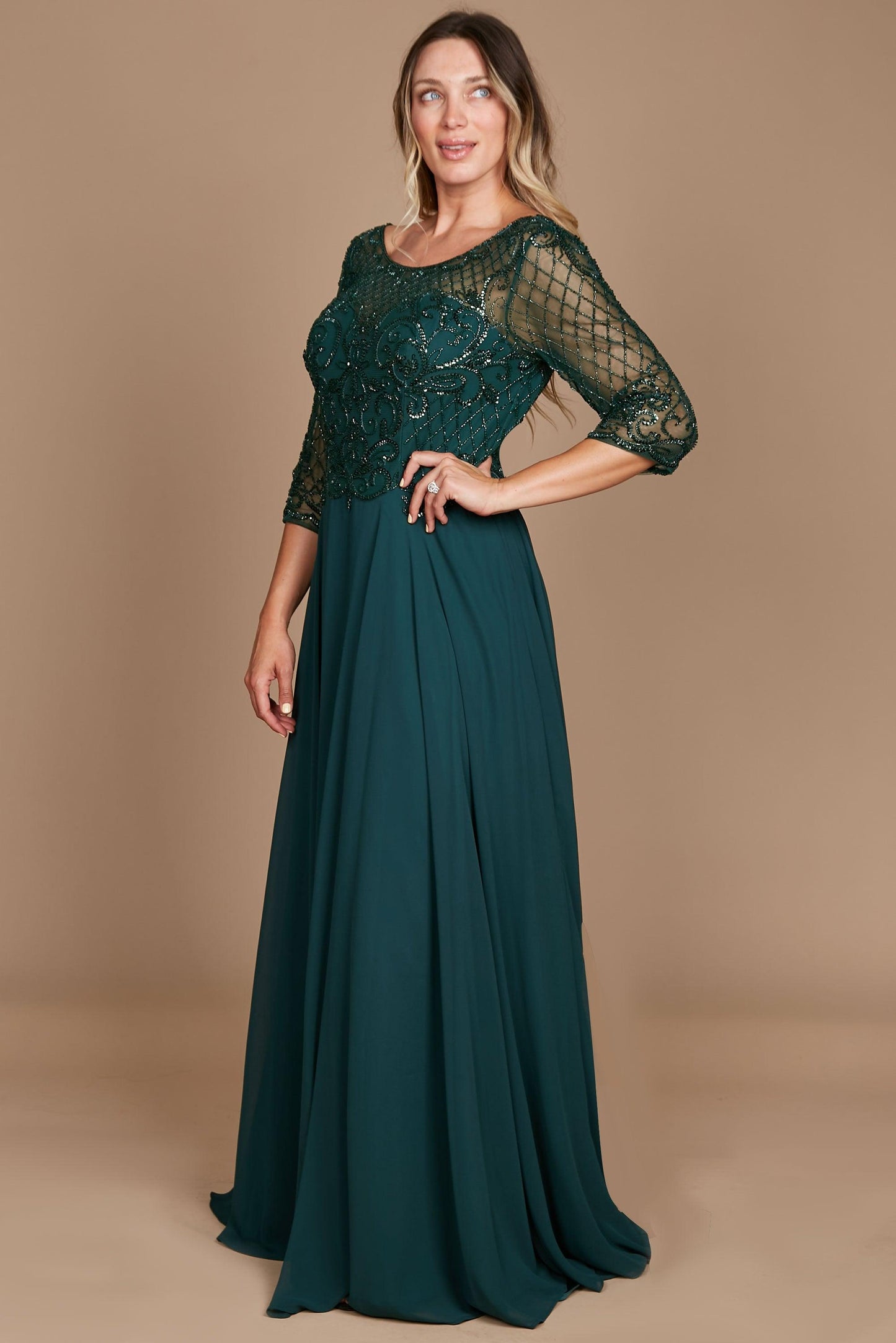 Hand beaded mother of bride long sleeve chiffon dress with intricate beaded bodice formal gown