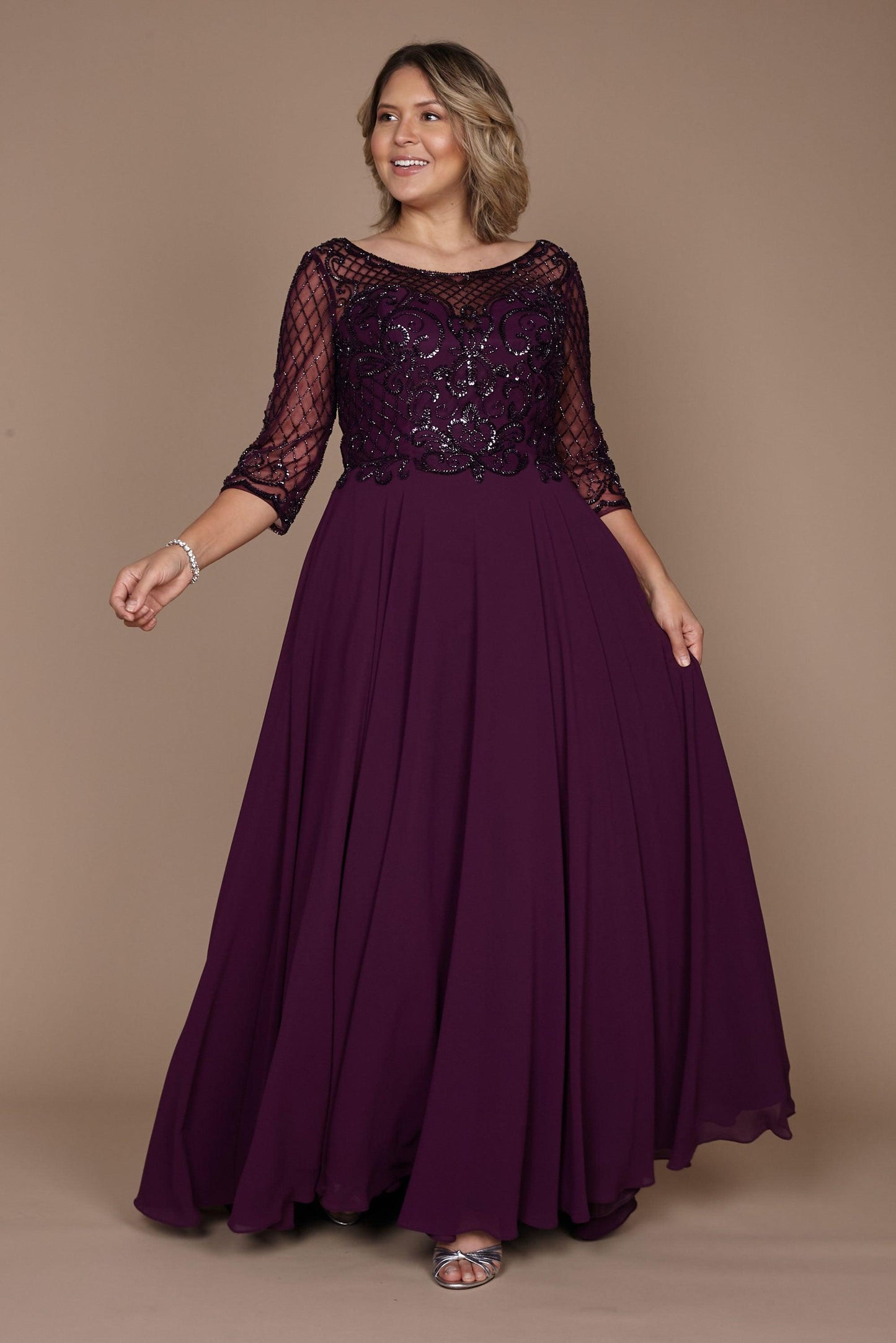 Hand beaded mother of bride long sleeve chiffon skirt dress with intricate beaded bodice formal gown