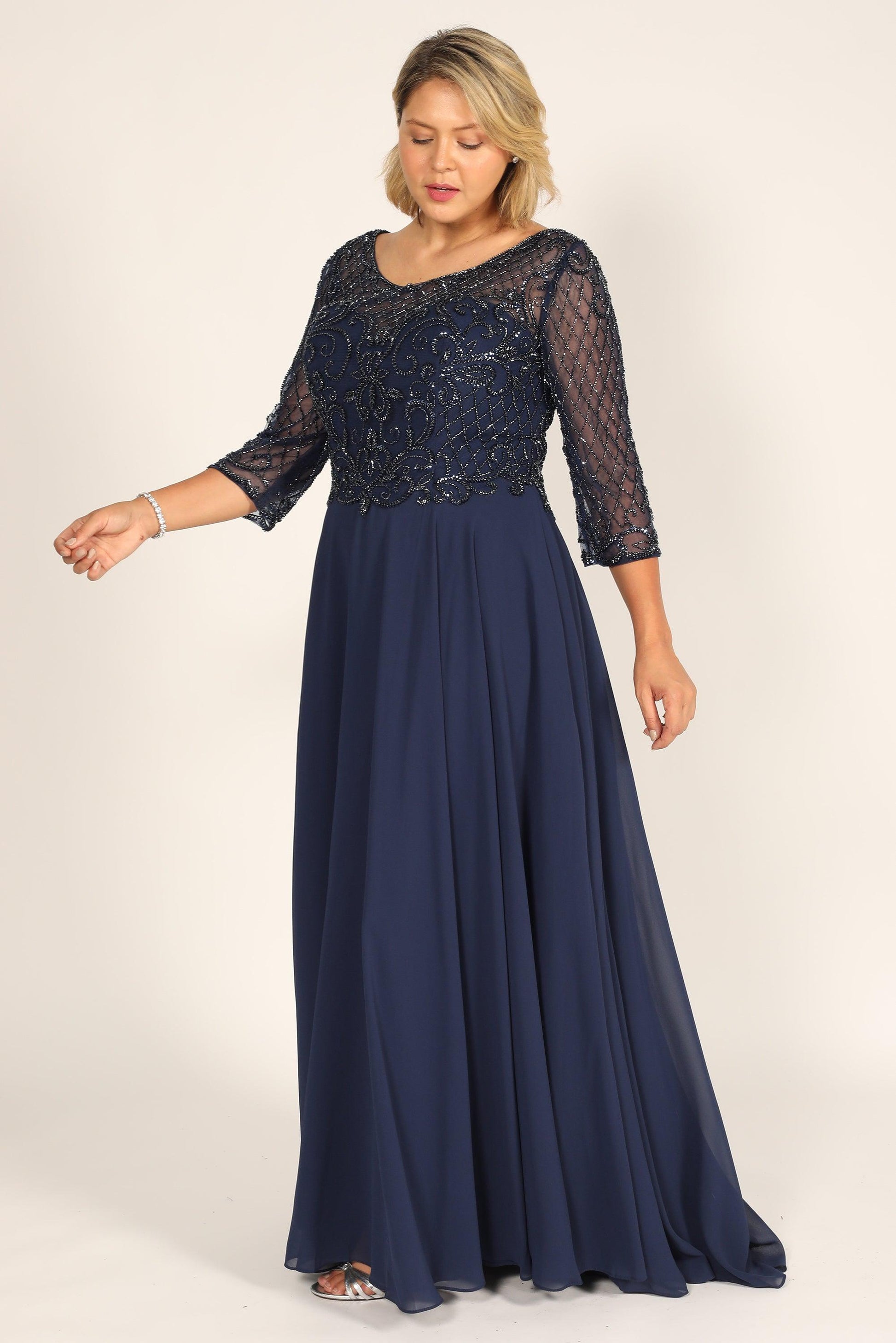 Hand beaded mother of the bride dress long sleeves chiffon skirt formal elegant beaded bodice