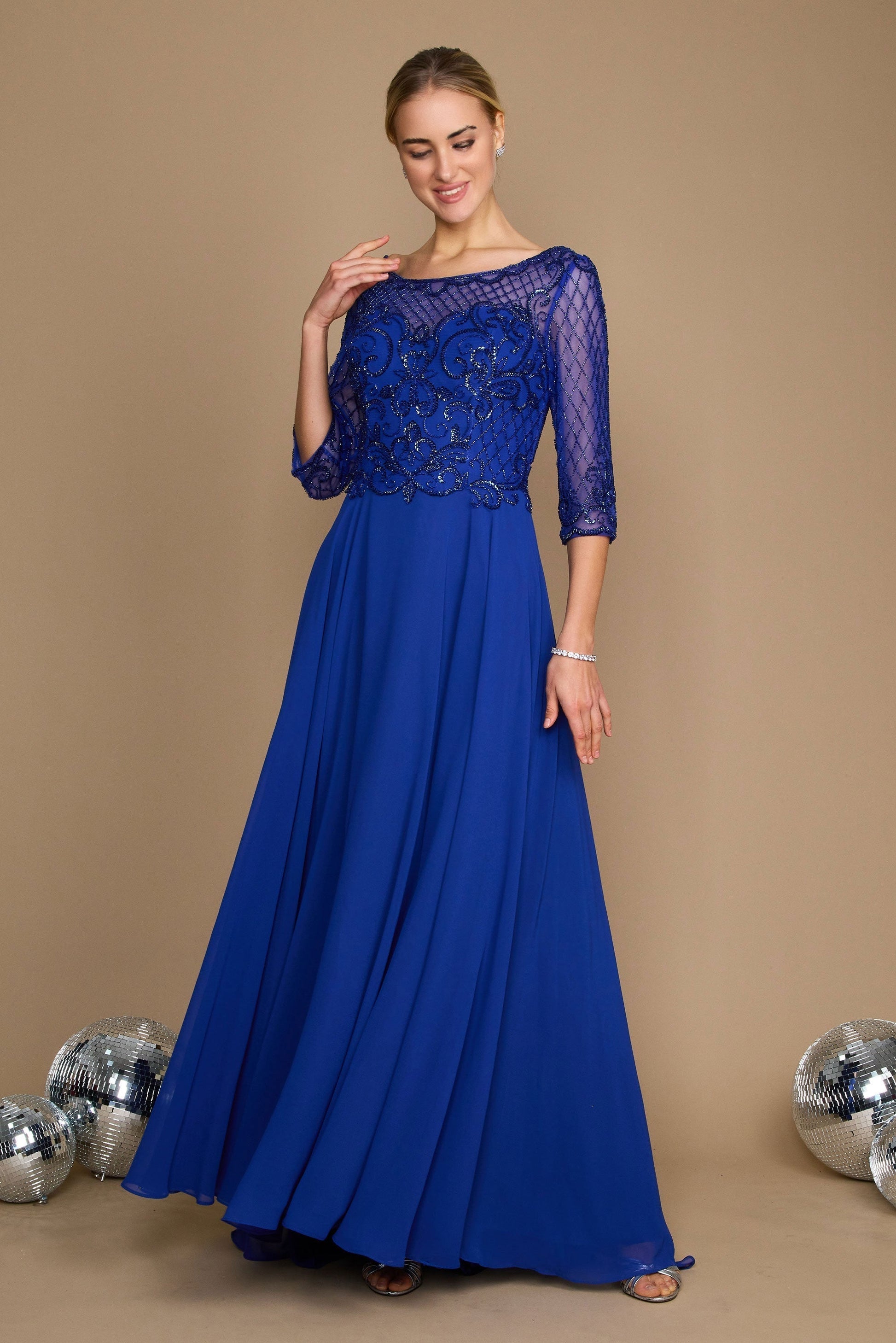 Hand beaded mother of bride long sleeve chiffon dress with intricate bodice beading for formal events