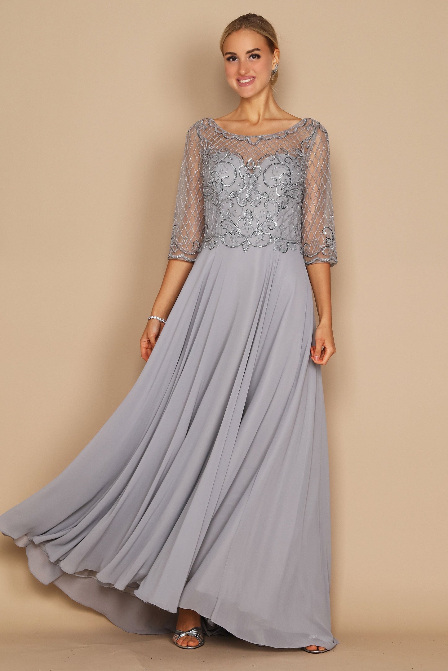 Hand beaded mother of bride long sleeve chiffon skirt dress with sparkling beaded bodice formal gown
