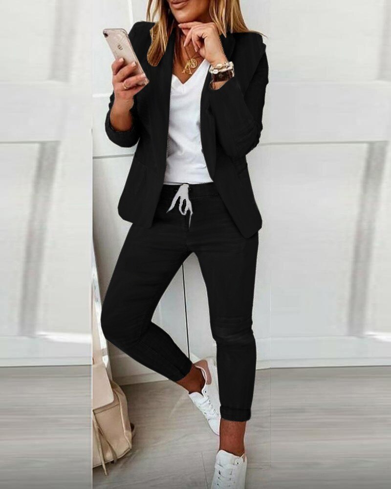 Valor women's fitted blazer set with drawstring pants, elegant office wear in premium tailored style