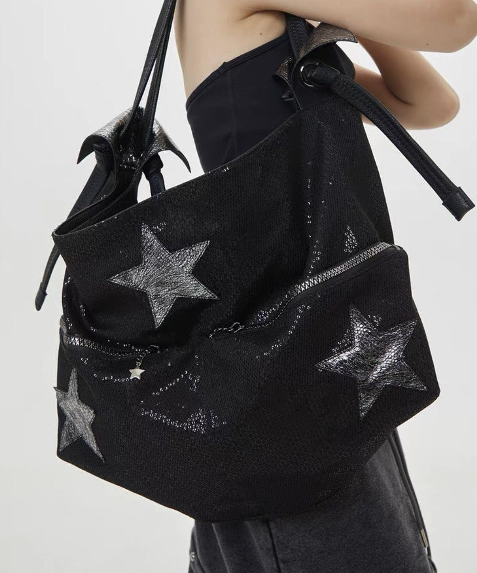 Sacs à bandoulière à paillettes noires à cinq branches avec étoiles appliquées DIY - Urbann-Vibe
