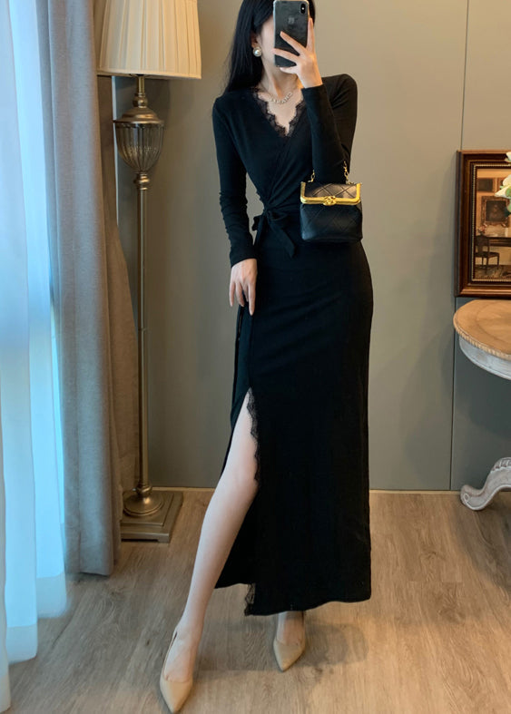 Robe longue à col montant et à ouverture latérale en patchwork de cils noirs - Urbann-Vibe