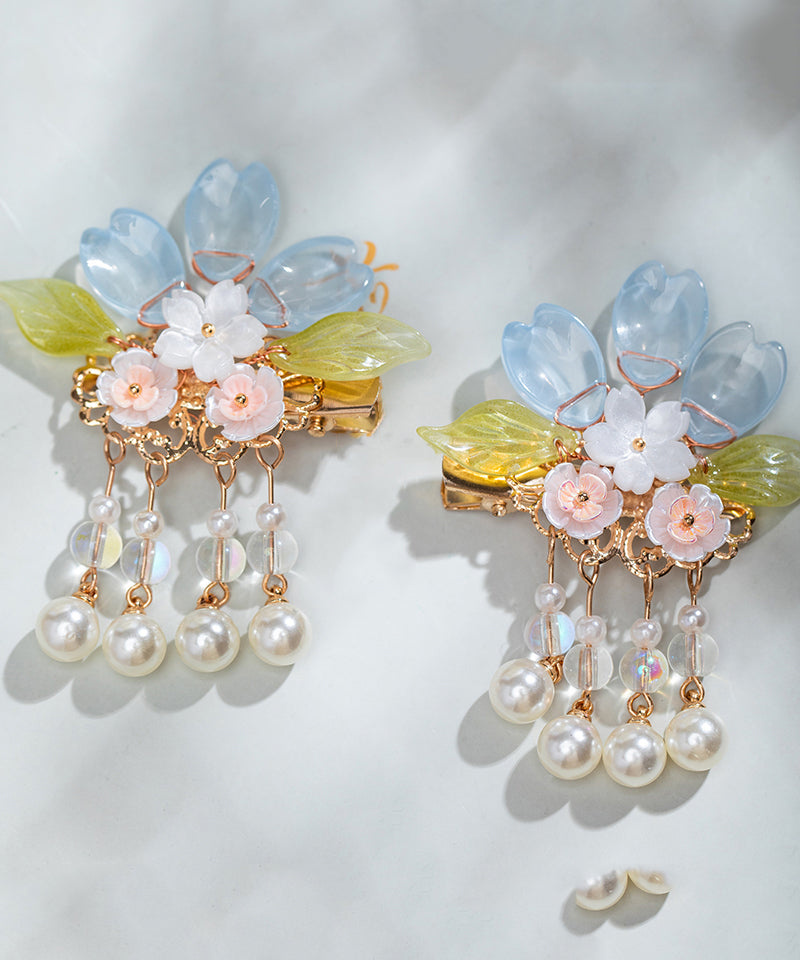 Paire d'épingles à cheveux à pompon floral en alliage de cuivre et perles colorées pour filles - Urbann-Vibe