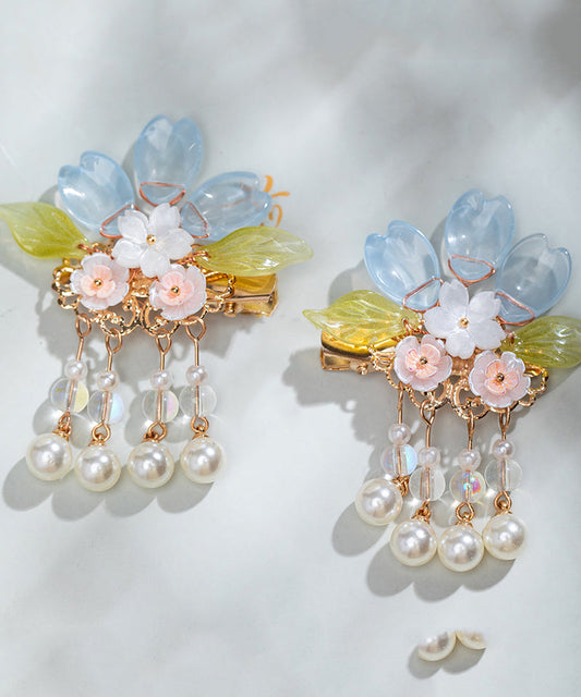 Paire d'épingles à cheveux à pompon floral en alliage de cuivre et perles colorées pour filles - Urbann-Vibe