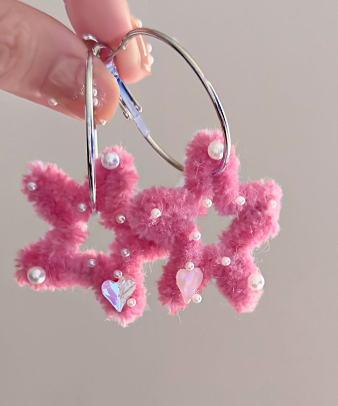 Boucles d'oreilles créoles en acier inoxydable rose à cinq branches en fourrure duveteuse - Urbann-Vibe