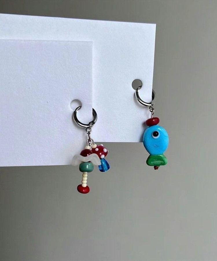 Boucles d'oreilles pendantes asymétriques en acier inoxydable, petits poissons et champignons - Urbann-Vibe