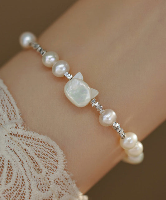 Bracelet en argent sterling blanc avec perles et petits chats écrasés - Urbann-Vibe