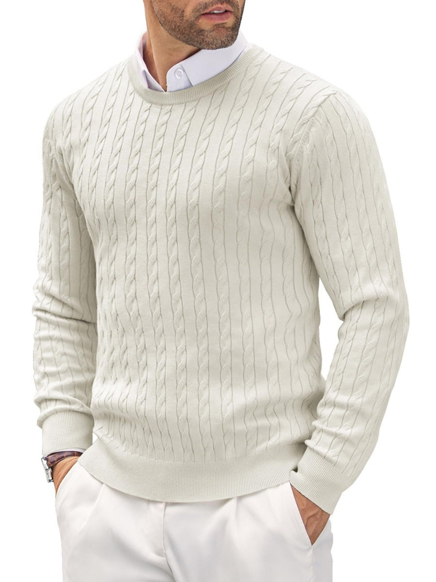 Men's slim fit fine knit cotton sweater, round neck, clean modern silhouette in neutral tone