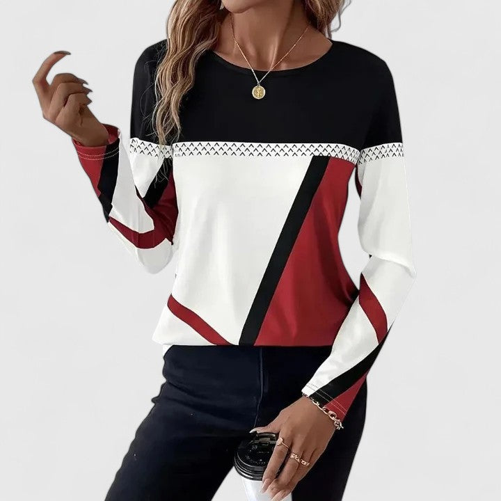 Women's colorblock sweater relaxed fit with bold geometric panels and lightweight smooth fabric