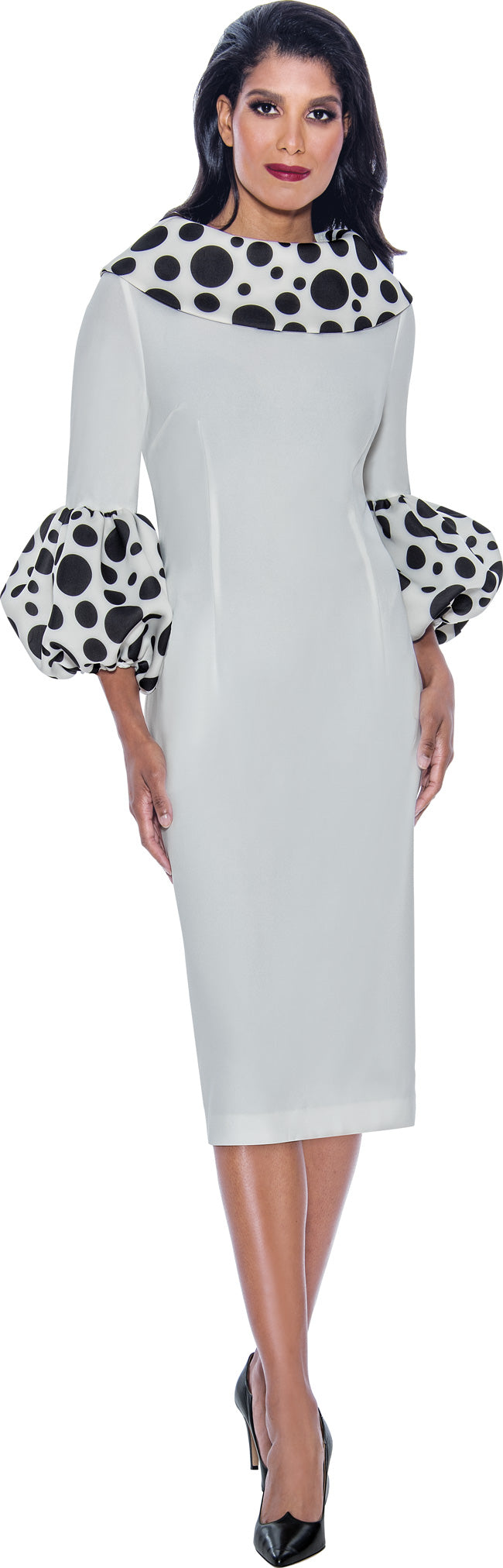 Divine Apparel fitted midi dress quarter sleeve ITY fabric smooth drape elegant formal tea-length silhouette