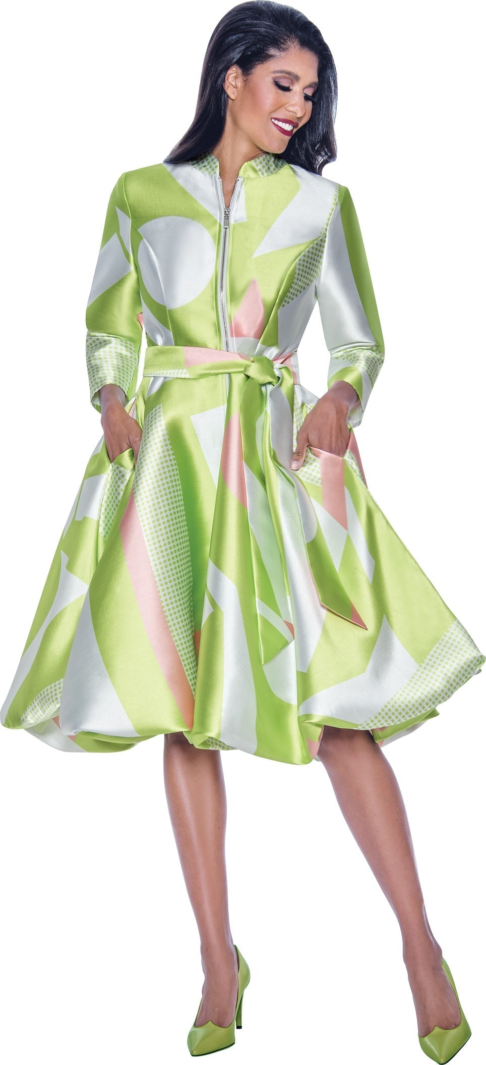 Pink lime satin long-sleeve tea-length cocktail dress, elegant formal multi-color evening gown