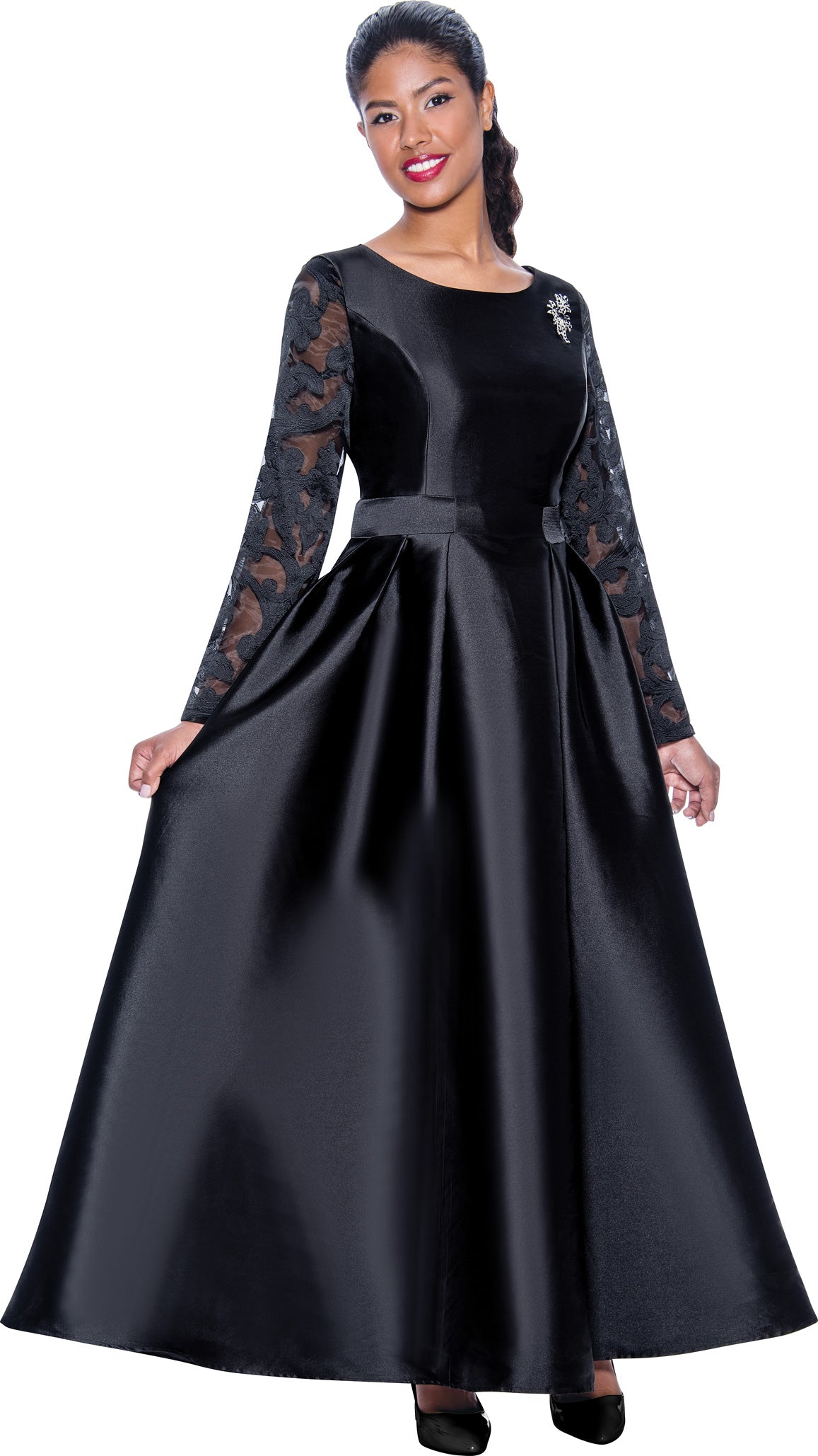 Women's long formal A-line satin gown elegant floor-length silhouette for gala evening wear