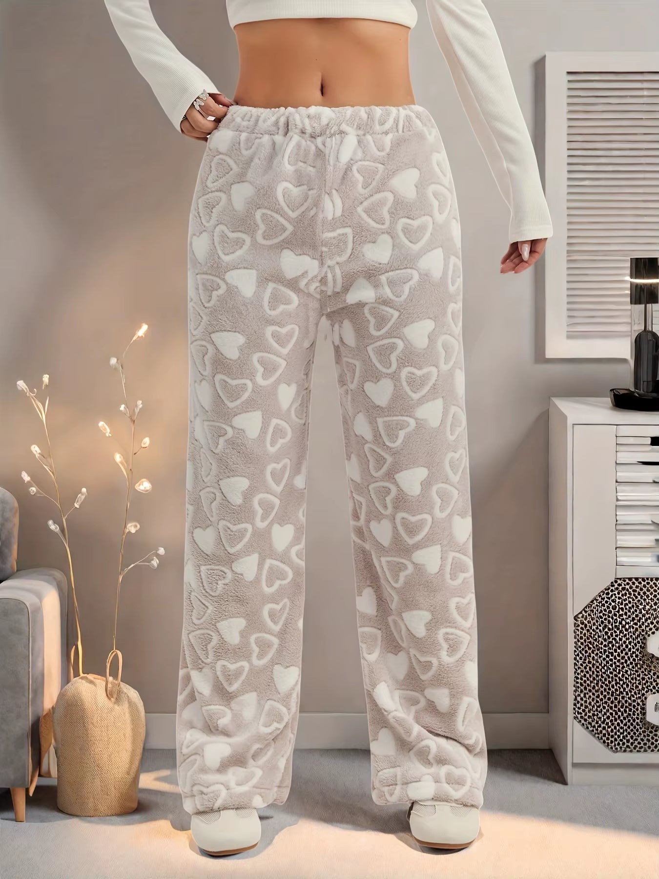 Celestial moon-star fleece lounge pants wide-leg plush double-brushed cozy warmth