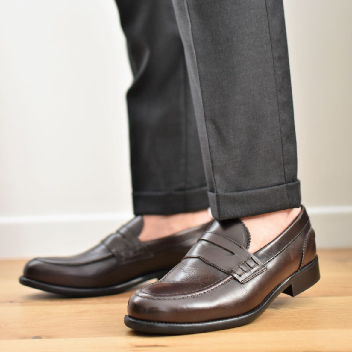 Men's dark brown Italian leather penny loafers classic college style with premium leather sole