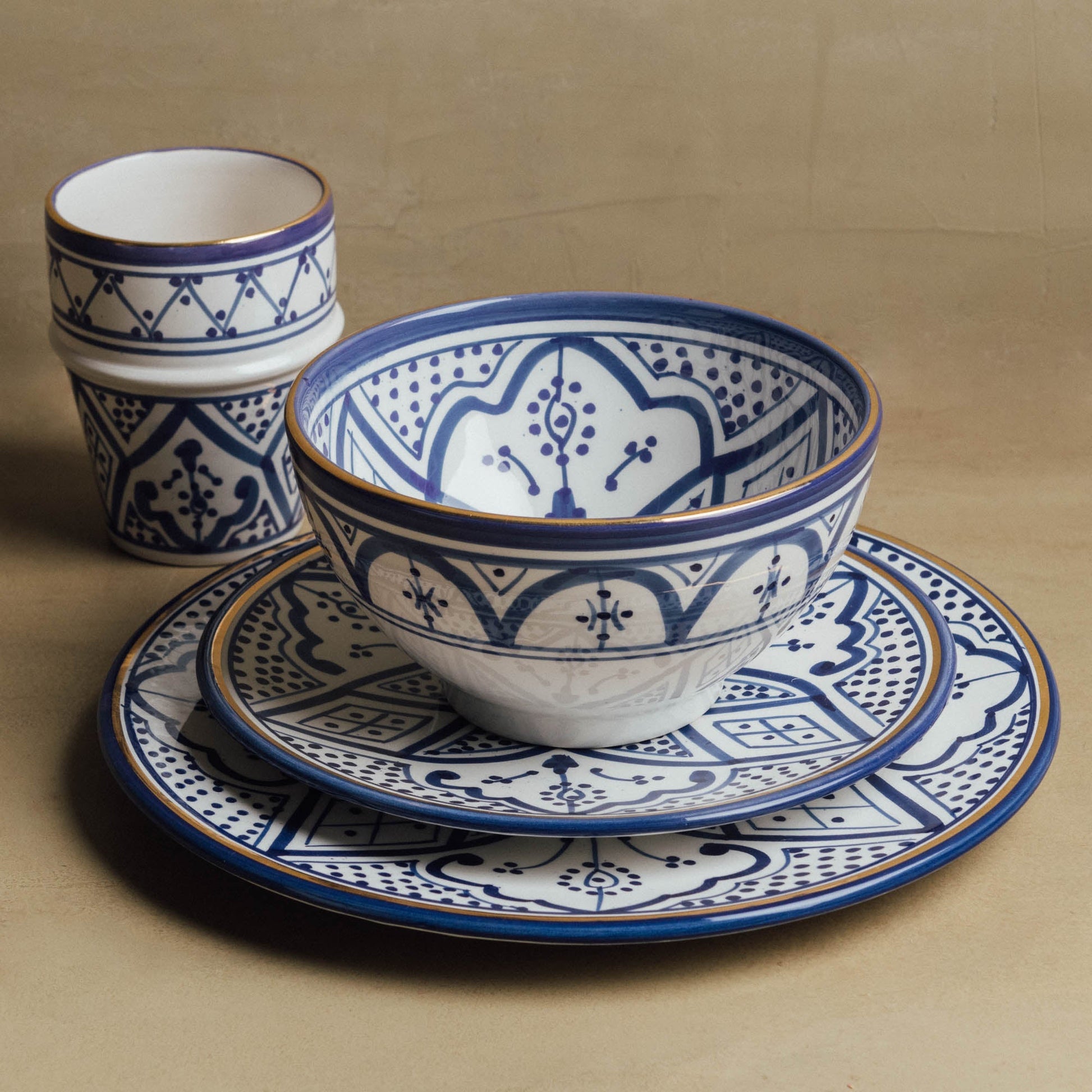 Fez Royal Azure - Moroccan Dinnerware Set with 12 Carat Gold Accents - Urbann-Vibe