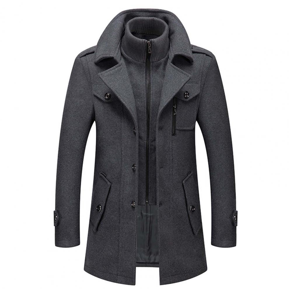 Men's charcoal wool blend double-breasted coat with high collar and built-in ribbed inner layer
