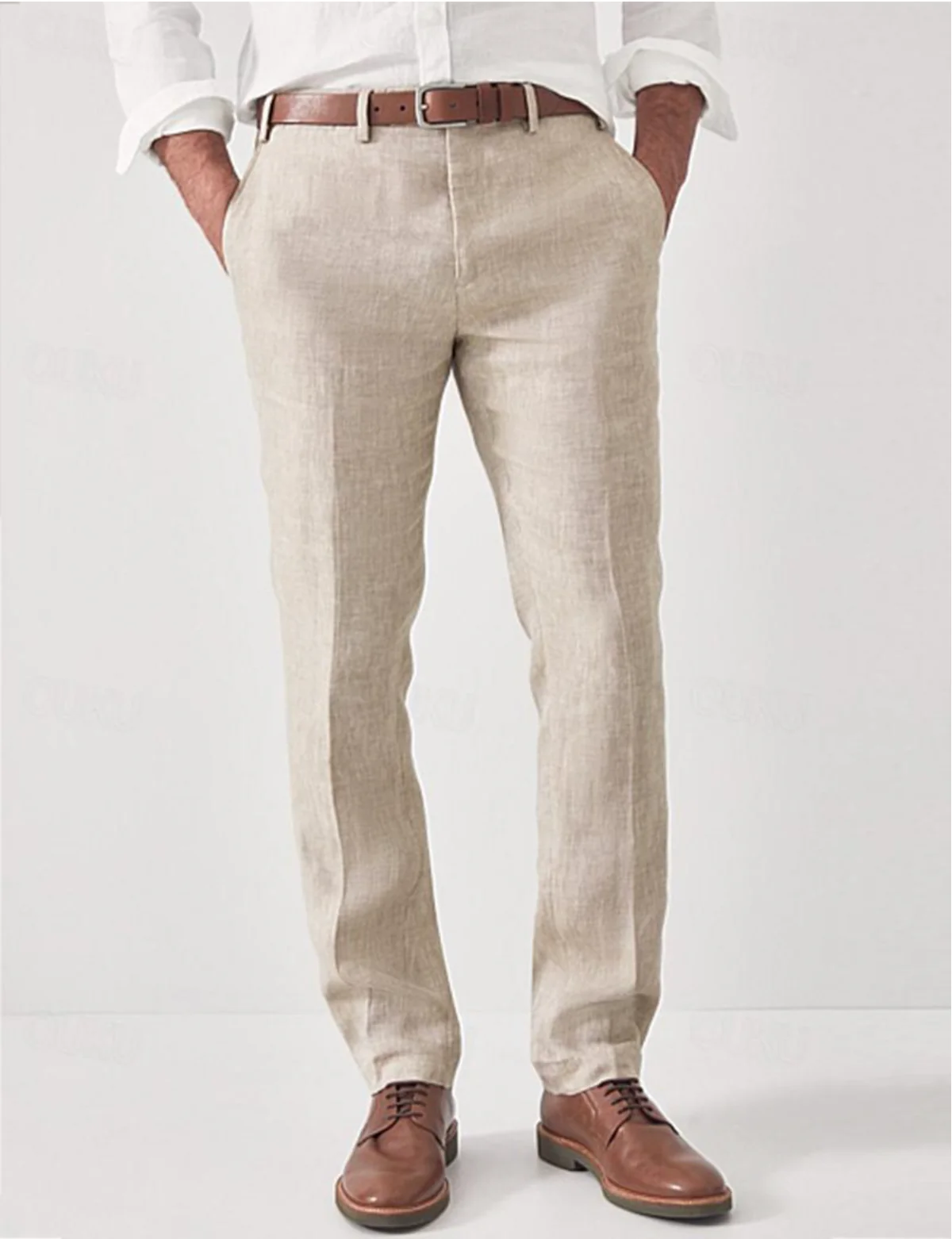 Men's beige linen pants modern slim cut breathable lightweight formal casual versatile warm-weather wear