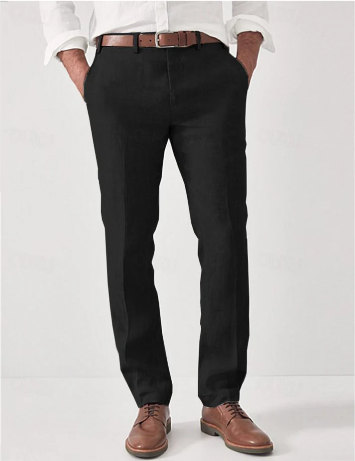 Men's beige linen pants modern slim cut breathable lightweight fabric formal casual versatile wear
