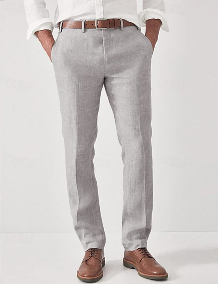 Men's beige linen pants modern slim cut breathable lightweight formal casual versatile warm-weather