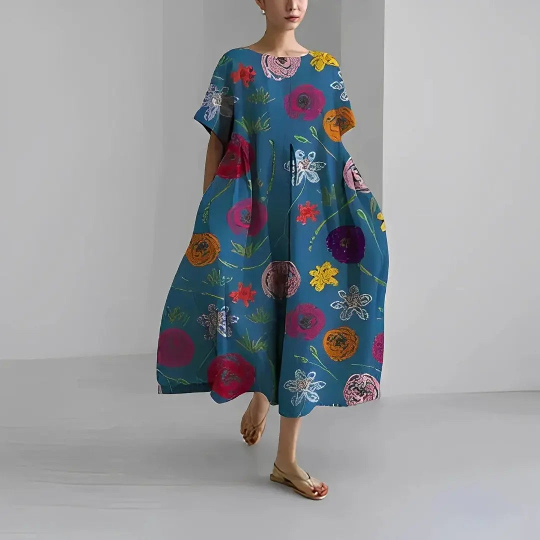 Boho floral flowy maxi dress women oversized lightweight silhouette with bold dahlia print breezy comfort