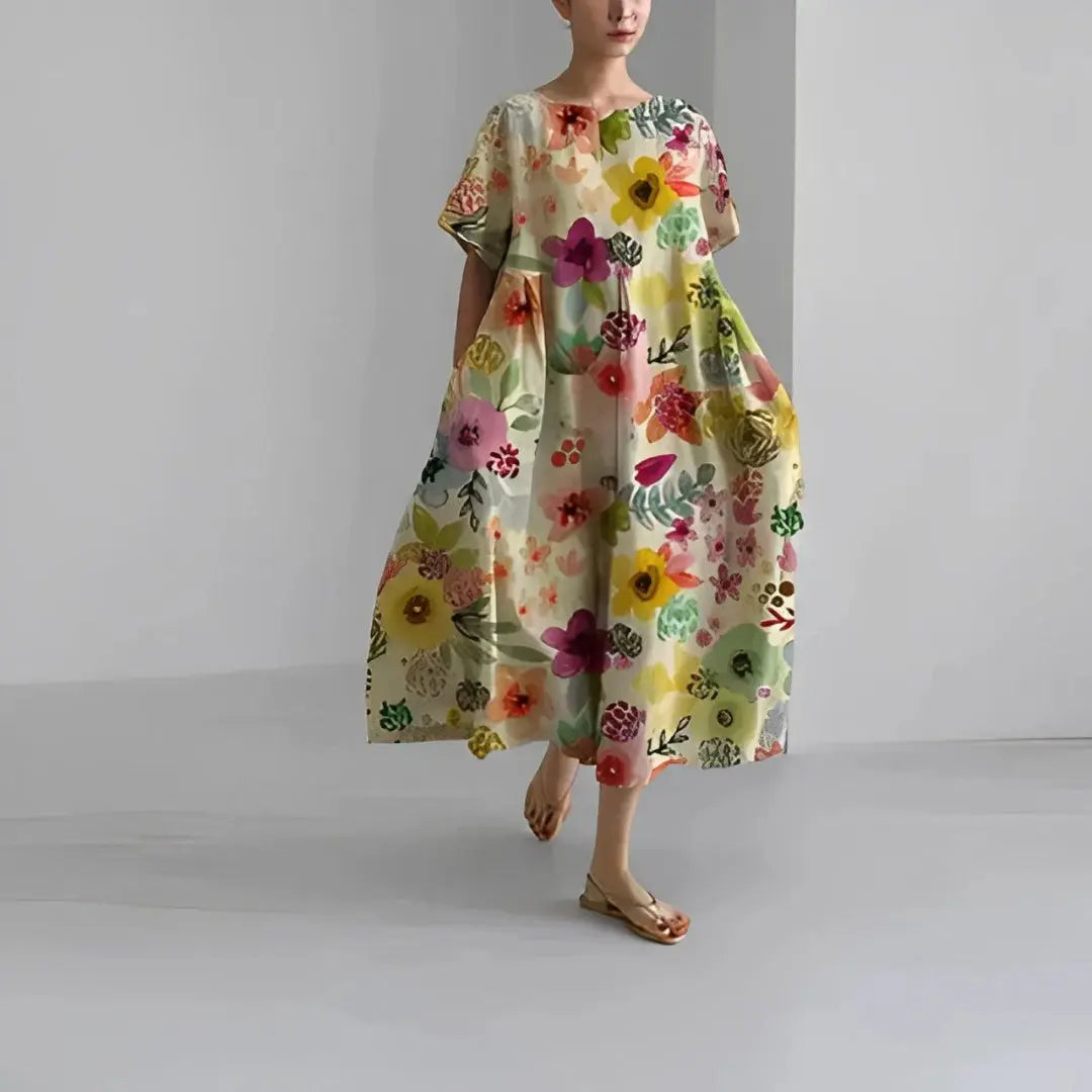 Boho floral flowy maxi dress women oversized lightweight silhouette with bold print breezy summer style
