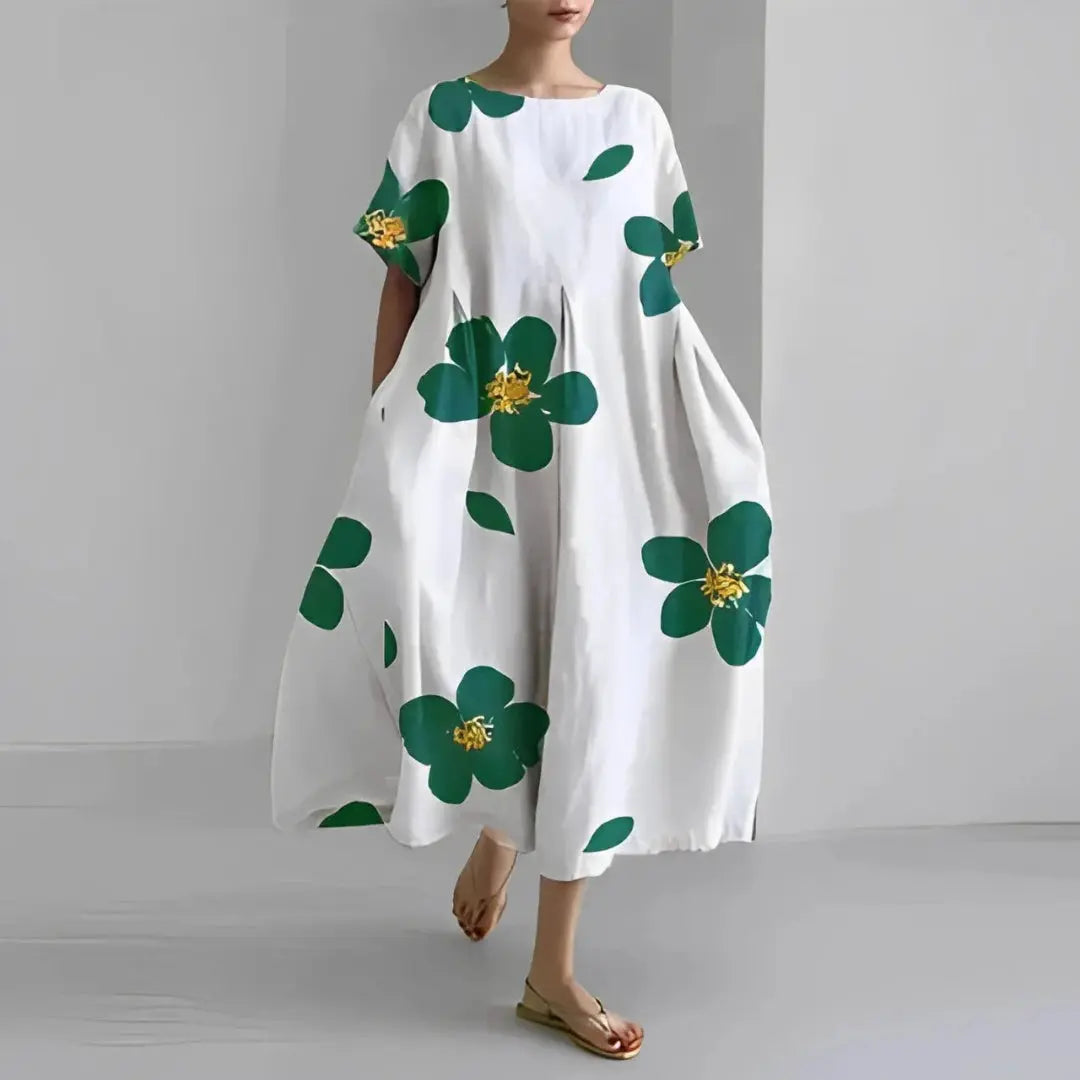 Boho floral flowy maxi dress women oversized silhouette lightweight breezy bold print effortless style