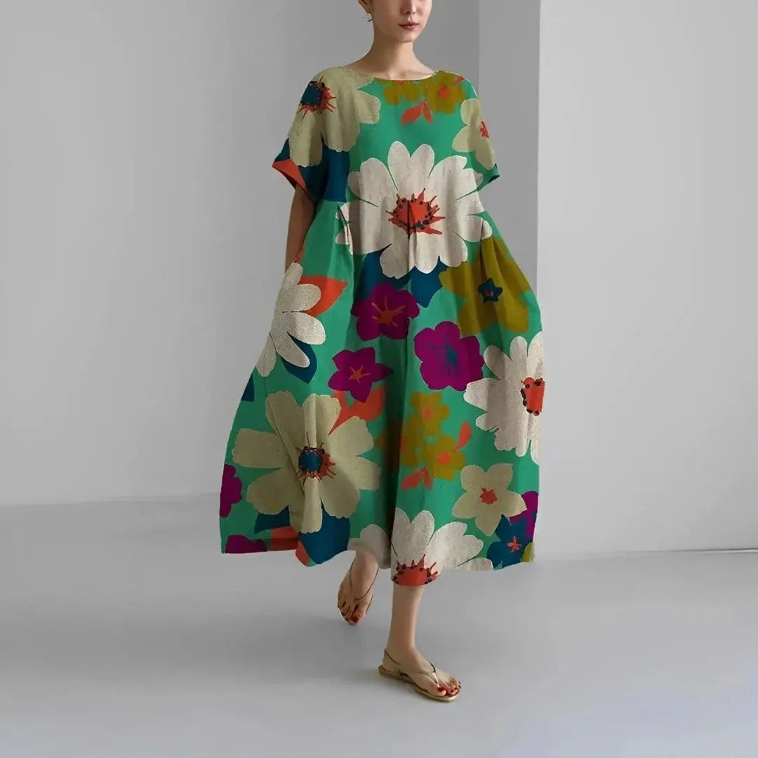 Boho floral flowy maxi dress women oversized lightweight breezy silhouette bold print effortless comfort