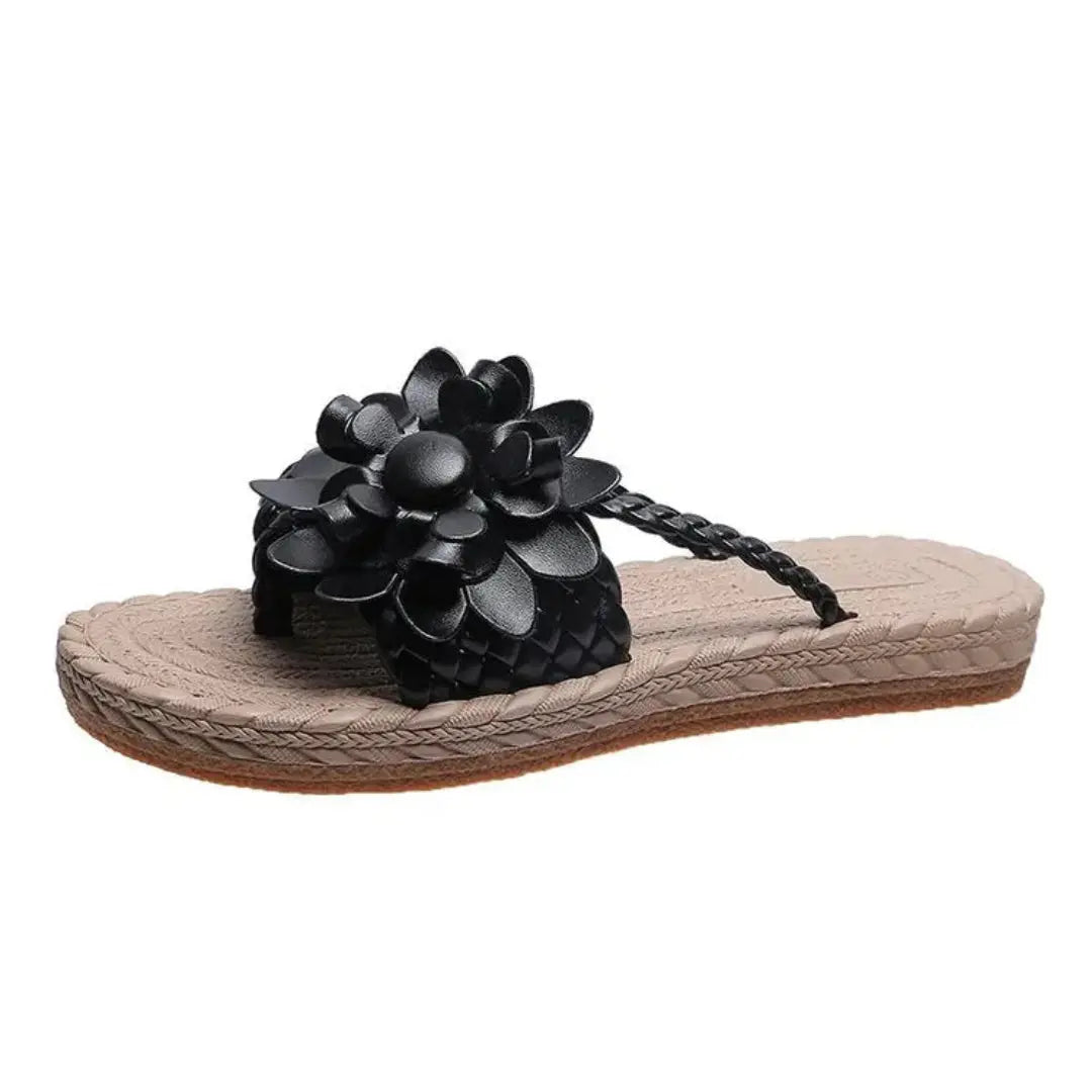 Women's beige woven slip-on sandals with bold 3D daisy floral embellishments, boho summer flats