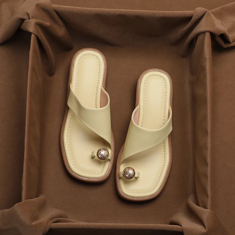 Women's leather sandals asymmetrical strap metallic toe ring cushioned sole all-day comfort summer style