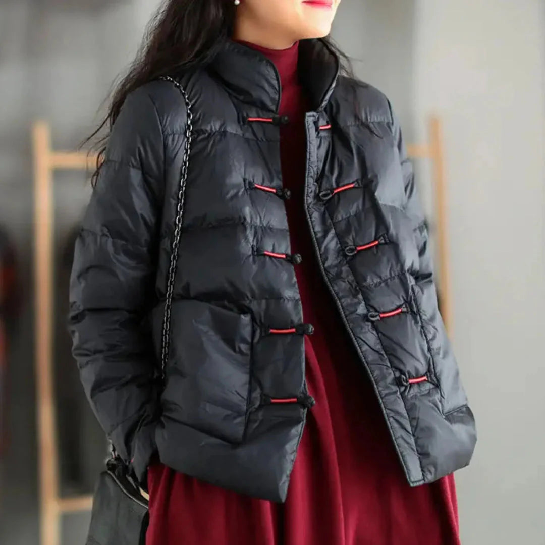Unisex knotted down jacket lightweight insulated coat with Chinese toggle closure and patch pockets
