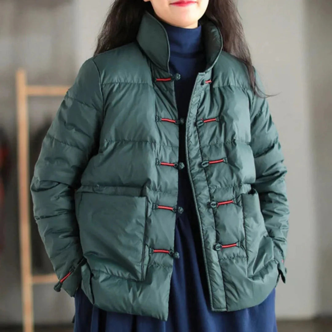 Unisex knotted down jacket lightweight insulated coat with Chinese toggle closure and patch pockets