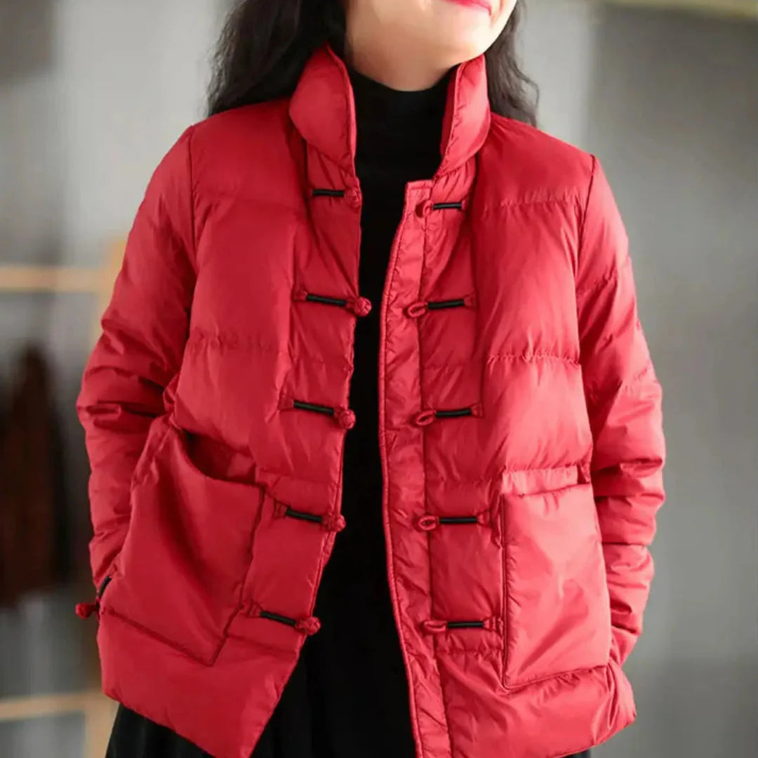 Unisex knotted down jacket lightweight insulated coat with Chinese toggle closure and patch pockets
