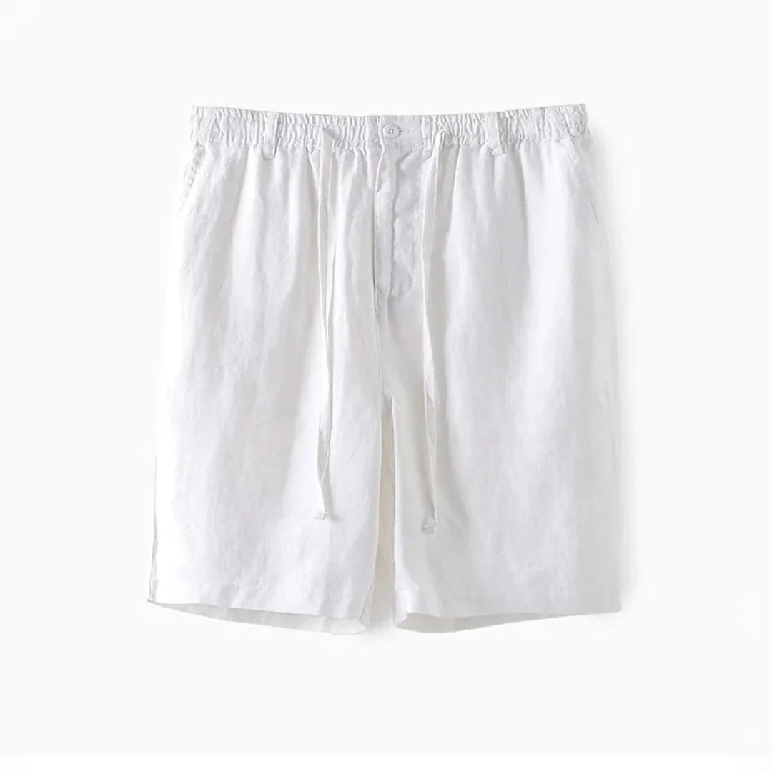 Men's relaxed linen-cotton drawstring shorts mid-thigh breathable summer fit neutral tone