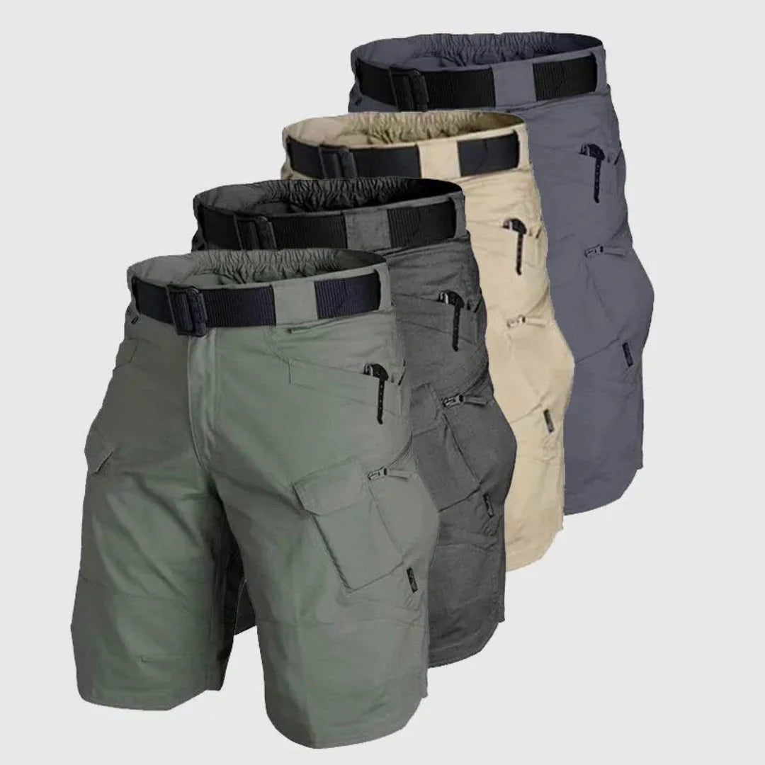 Men's olive tactical cargo shorts cotton-poly blend multi-pocket utility adventure outdoor wear