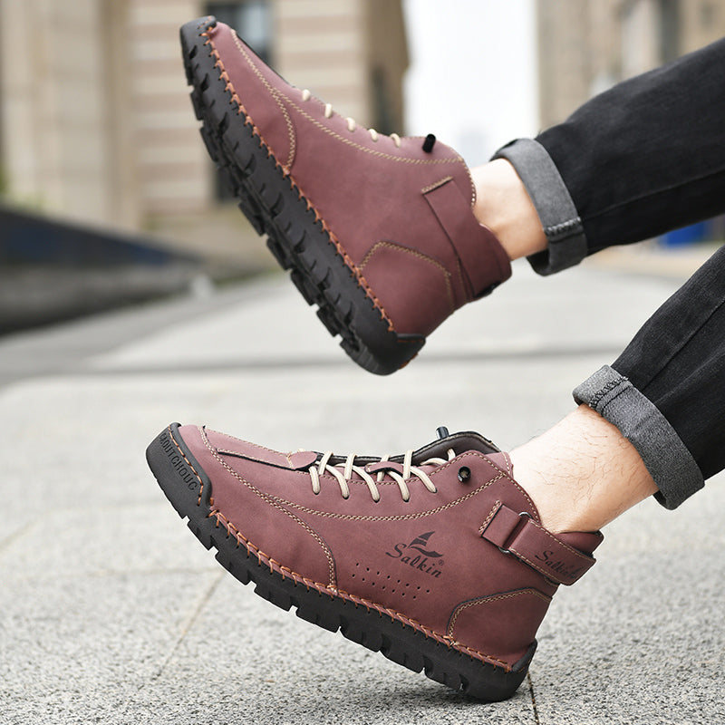 Dalton brown genuine leather boots padded ankle support contrast stitching all-terrain explorer style