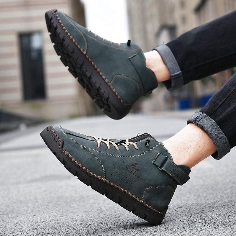 Dalton brown genuine leather boots with padded ankle support, contrast stitching, all-terrain sole