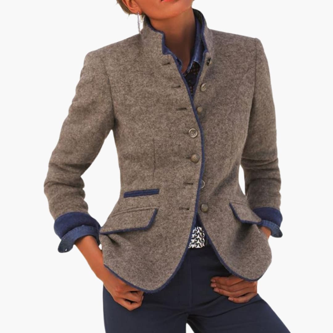 Women's professional blazer lapel collar front button welt pockets structured silhouette premium woven fabric