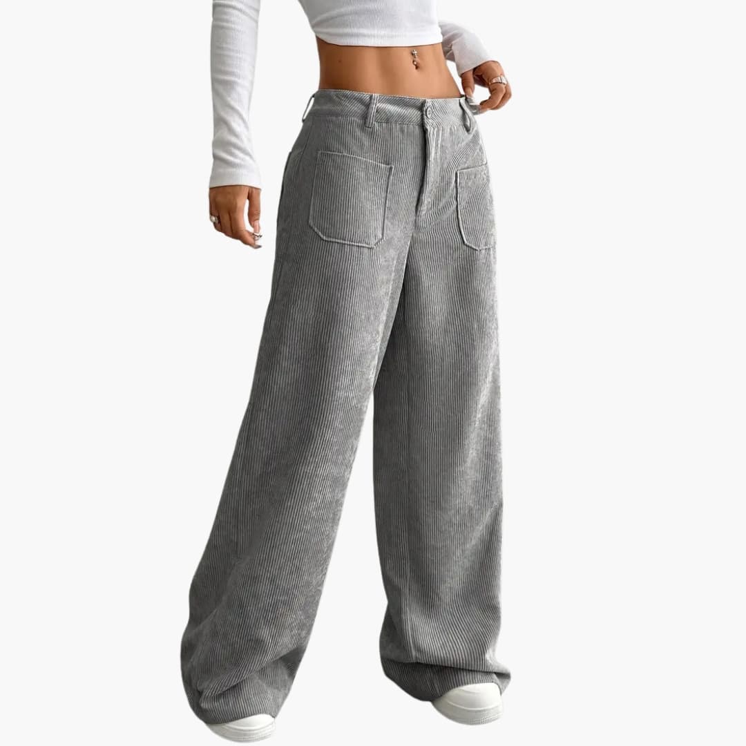 Women's high waist wide leg corduroy pants with belt loops and functional pockets