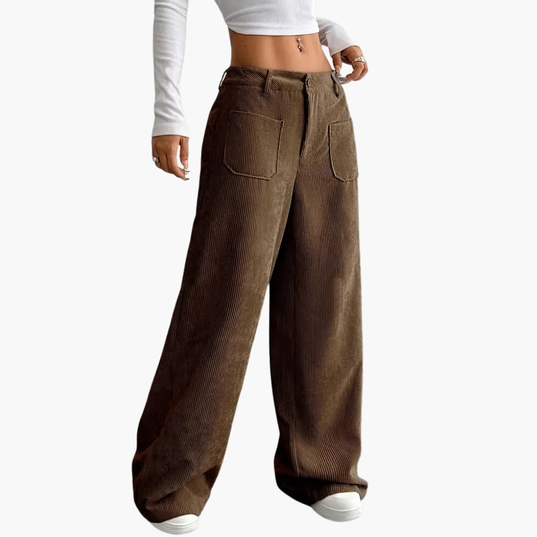 Women's high waist wide leg corduroy pants with belt loops and side pockets, flattering silhouette