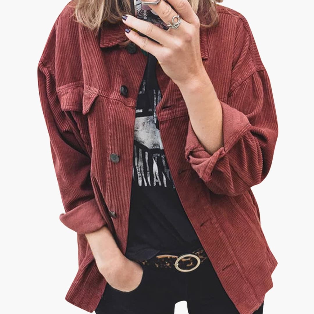 Women's corduroy jacket with patch pockets and button closure, ribbed texture, classic casual fit
